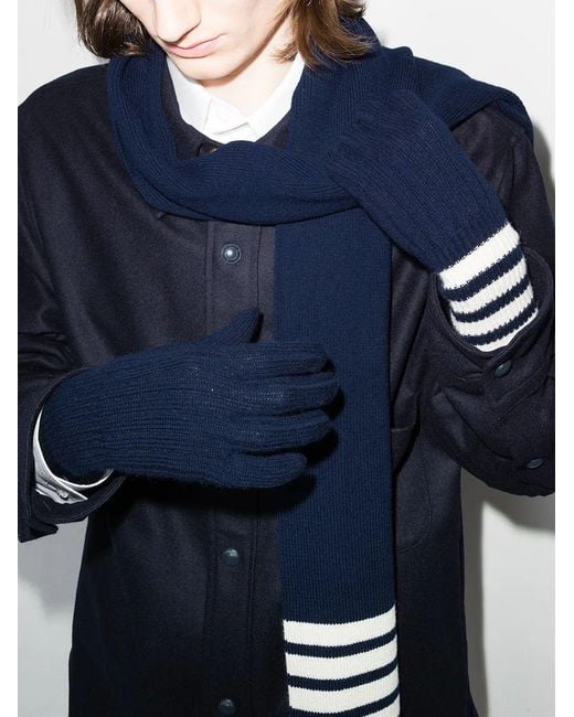 Thom Browne Blue Rib Gloves W/ 4 Bar Stripe for men