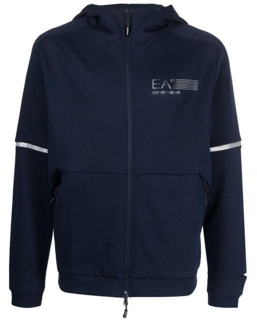 EA7 Blue Logo-print Zip-up Hoodie for men
