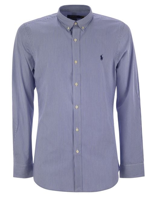 Polo Ralph Lauren Blue Striped Stretch Poplin Shirt for men