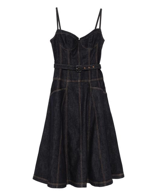 Self-Portrait Black Denim Flared Midi Dress