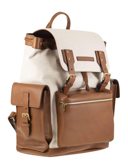 Brunello Cucinelli Brown City Backpack In Leather And Fabric for men