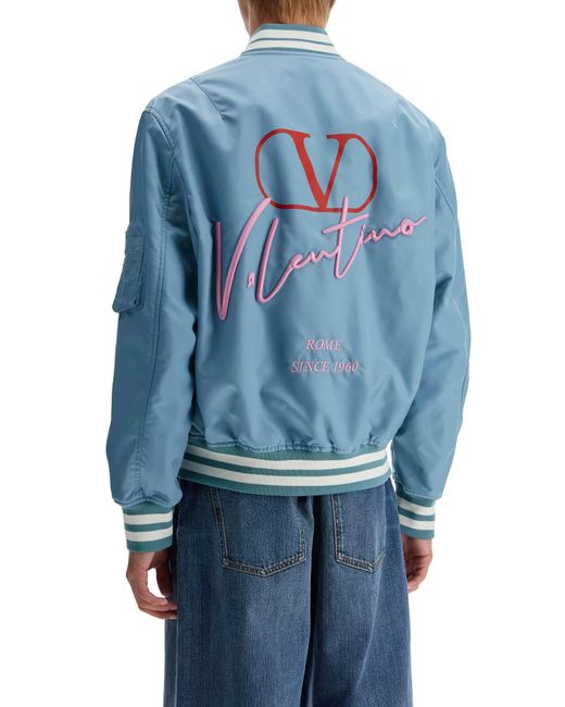 Valentino Garavani Blue Embroidered Nylon Bomber Jacket for men