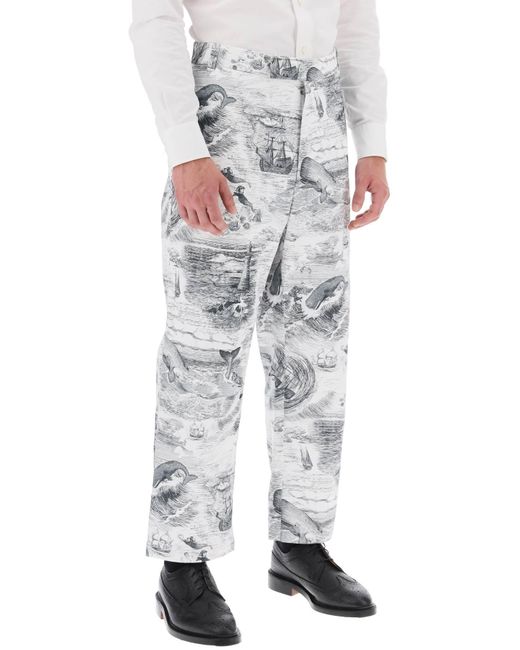Pantaloni Cropped Con Motivo 'Nautical Toile' di Thom Browne in Gray da Uomo