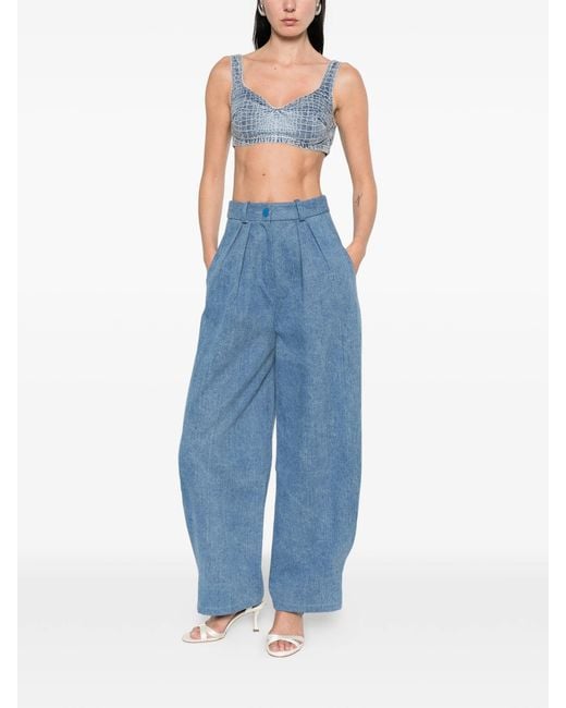 Self-Portrait Blue Rhinestone Croc Effect Denim Bralette
