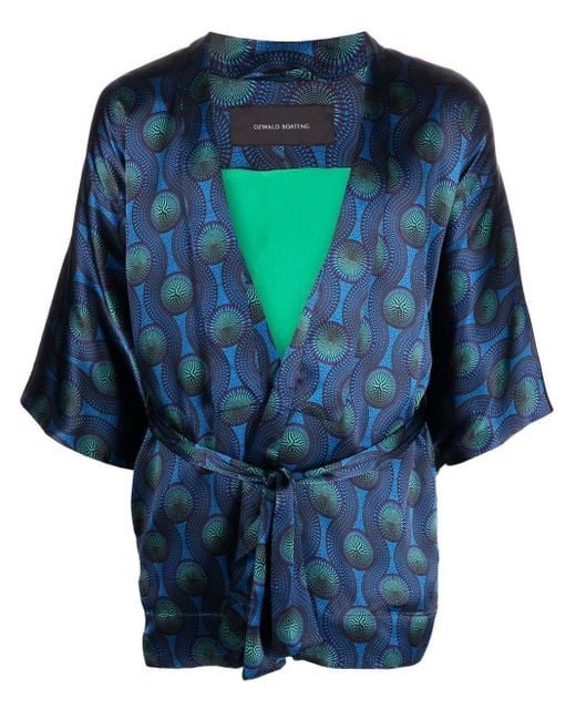 OZWALD BOATENG Blue Printed Silk Short Kimono for men