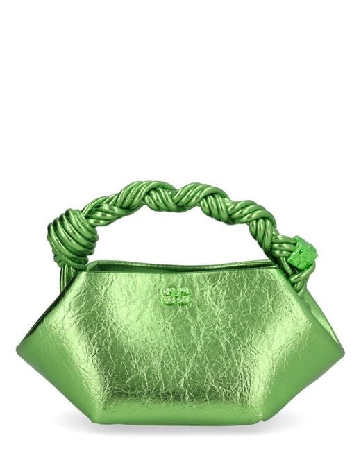 Ganni Green Metallic Crinkled Top-Handle Bag