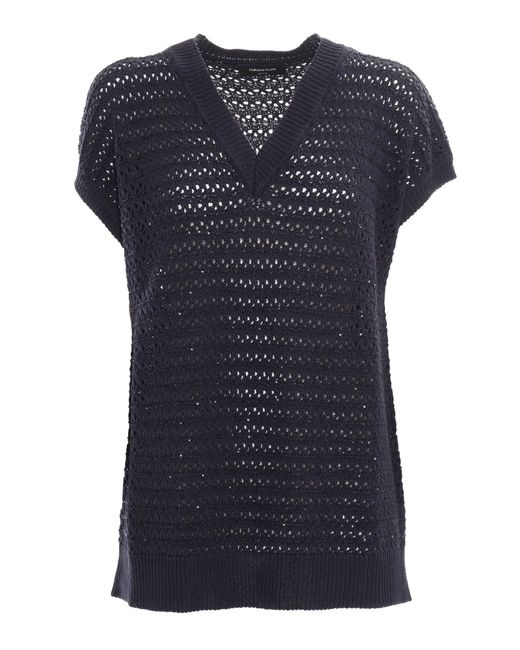 Fabiana Filippi Blue Sequin Striped Crochet V Neck Cape Sleeve Sweater