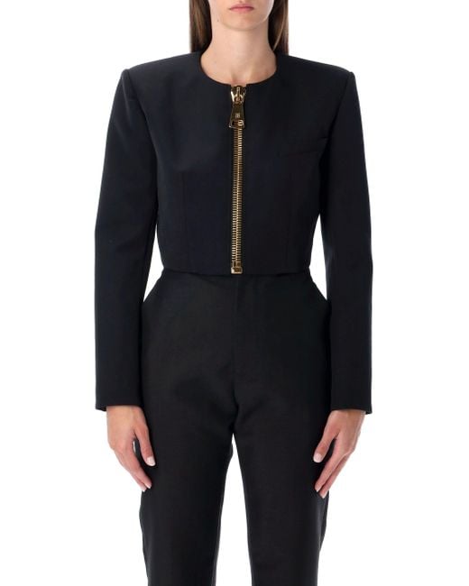Balmain Blue Cropped Wool Jacket With Zip