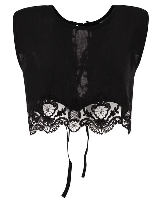 Maurizio Mykonos Black Lightweight Linen Top With Broderie Anglaise Hem And Lace-Up Back
