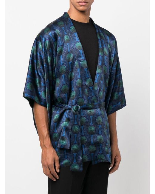 OZWALD BOATENG Blue Printed Silk Short Kimono for men