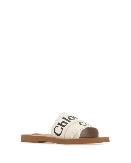 Chloé White Ivory Linen Woody Slippers