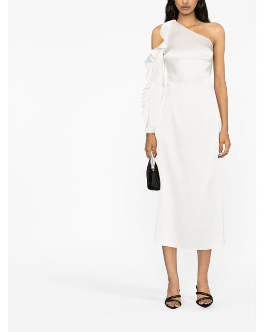 David Koma White Ruffle Detail One Shoulder Midi Dress