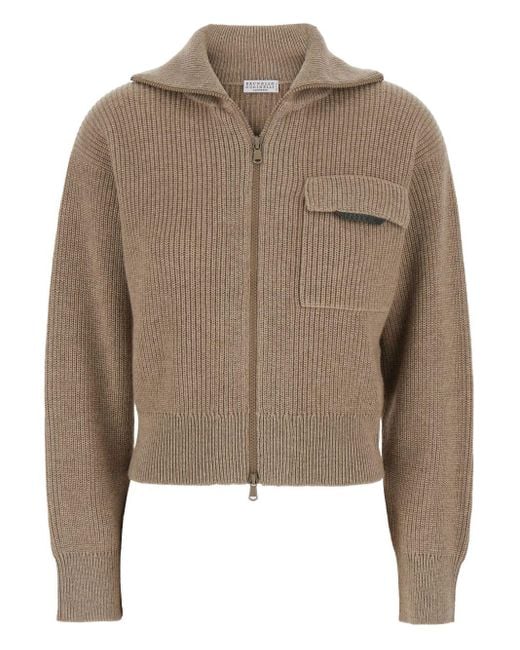 Brunello Cucinelli Brown Shiny Flap Detail' Cropped Cardigan