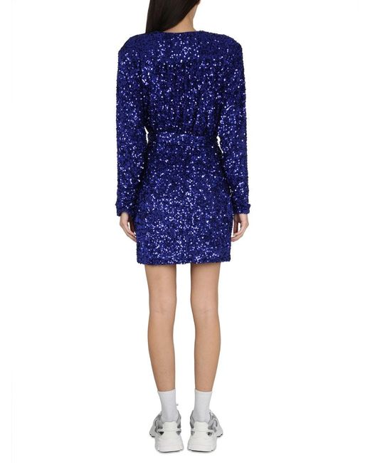 ROTATE BIRGER CHRISTENSEN Blue Deep V-Neck Sequined Evening Dress With Adjustable Belt