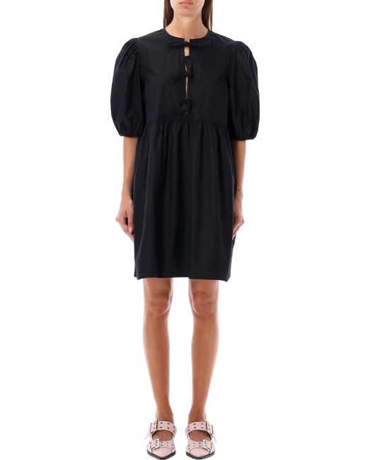 Ganni Black Cotton Poplin Mini Dress With Bows