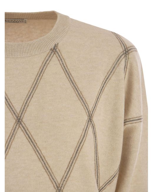 Suéter de cuello de la tripulación de en lana virgen, cachemir y seda Brunello Cucinelli de color Natural