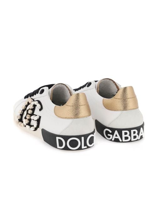 Dolce & Gabbana Portofino Vintage Lederen Sneakers Met Strass Dg in het White