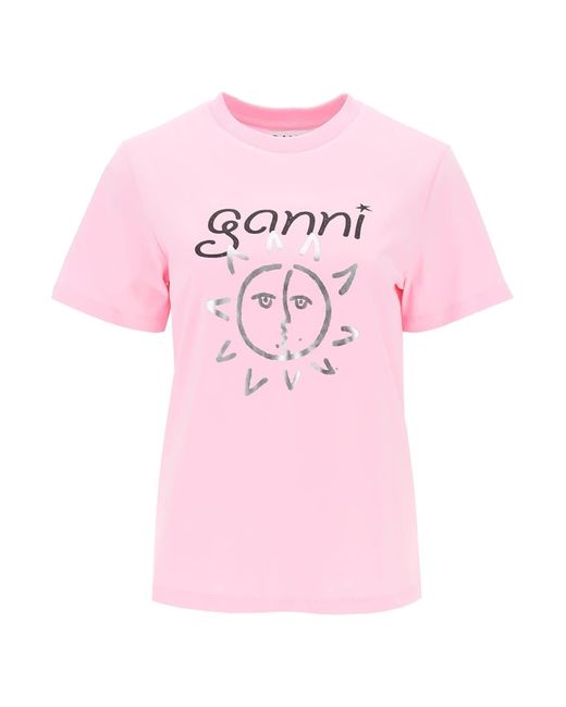 Camiseta de cuello de la tripulación de con estampado Ganni de color Pink