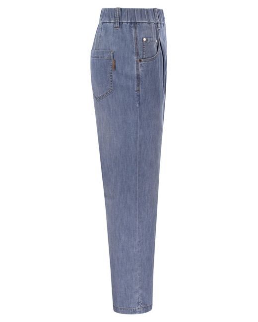 Brunello Cucinelli Blue Lightweight Denim Baggy Trousers With Shiny Tab
