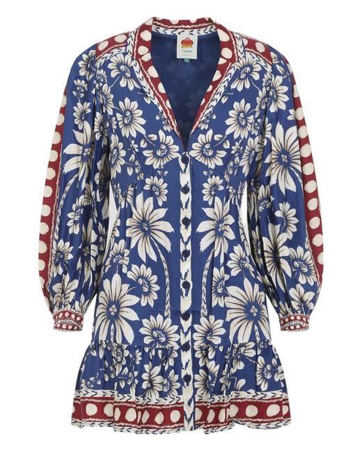 Farm Rio Blue Luna Long Sleeve Mini Dress