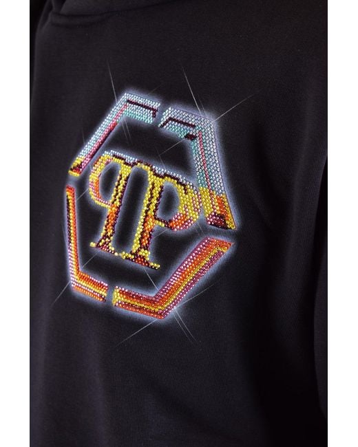 Philipp Plein Black Hoodie Sweatshirt Hexagon for men