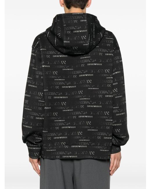 Emporio Armani Black Logo-Pattern Drawstring Hoodie