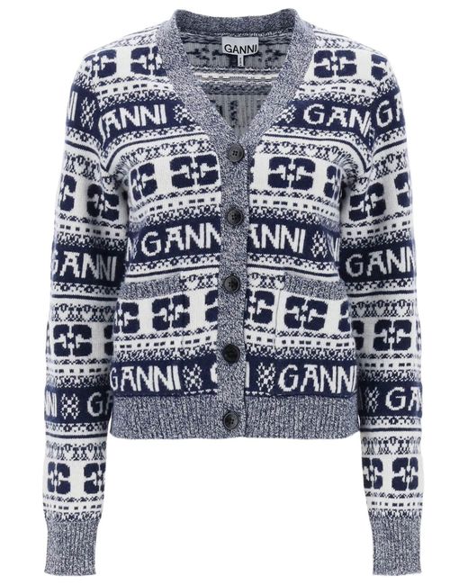 Jacquard Wool Cardigan avec motif de logo Ganni en coloris Gray