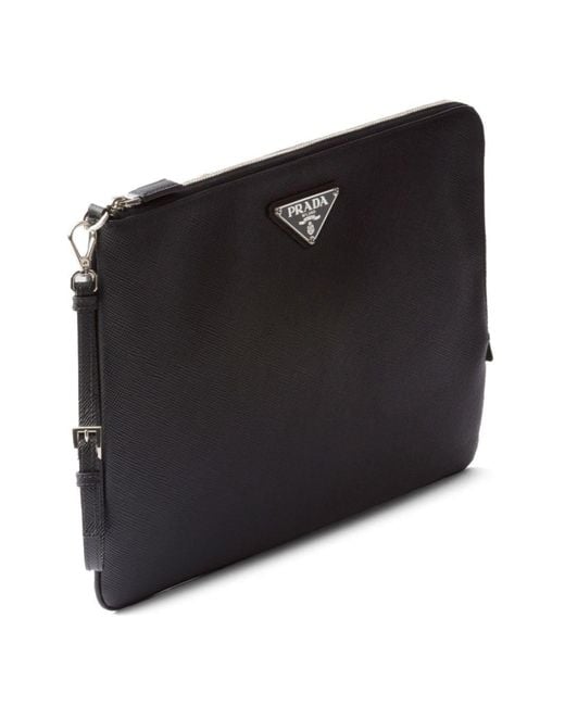 Prada Black Triangle-Logo Leather Clutch Bag for men