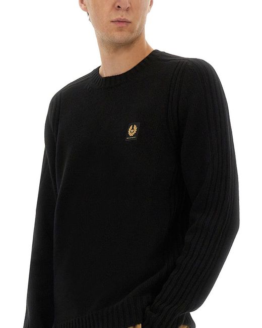 Belstaff Black Ribbed Merino Wool Sweater With Logo Patch for men