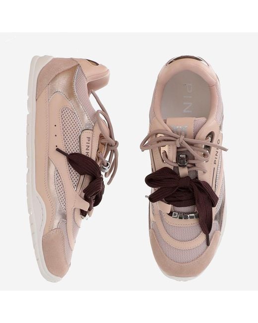 Pinko Brown Leather And Mesh Sneakers With Two-Tone Laces