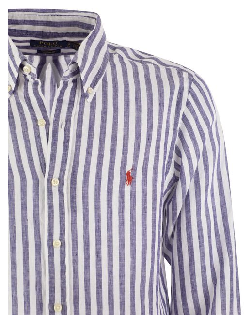 Polo Ralph Lauren Blue Custom Fit gestreiftes Leinenhemd