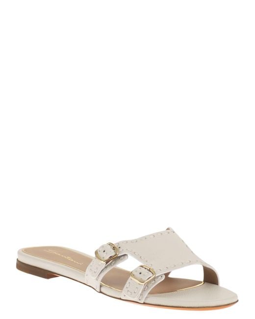 Santoni White Leather Flat Sandals With Double Buckle Straps