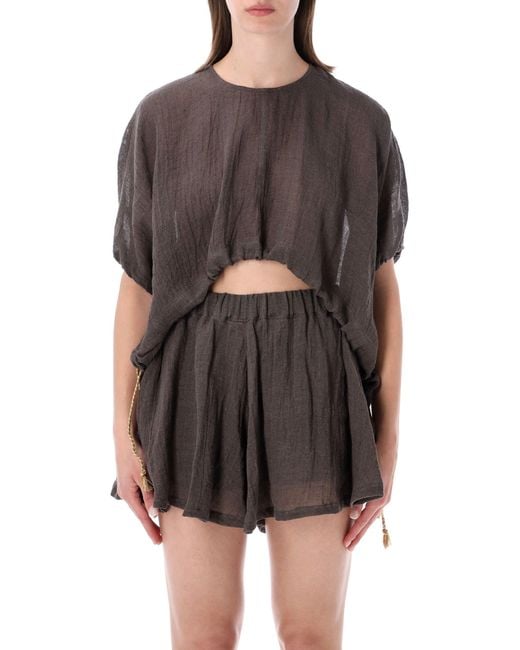 120% Lino Gray Cropped Linen Blouse