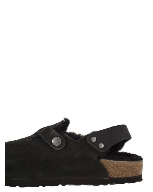 Birkenstock Tokio Shearling Suede En Lambskin Slippers in het Black