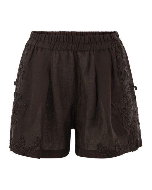 Maurizio Mykonos Black Linen Shorts With Embroidery And Elasticated Waistband