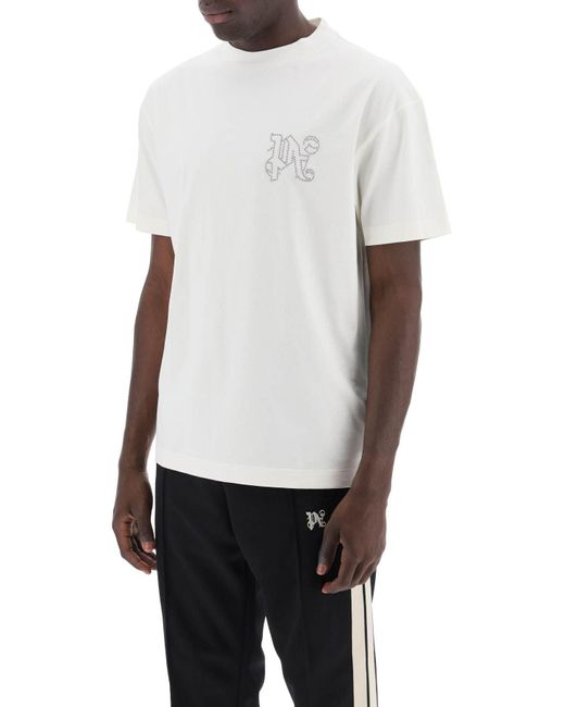 Palm Angels White T -Shirt mit besetztem Monogramm