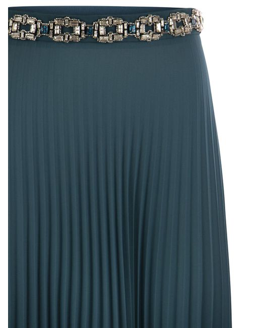 Elisabetta Franchi Blue Long Pleated Georgette Skirt With Embroidery