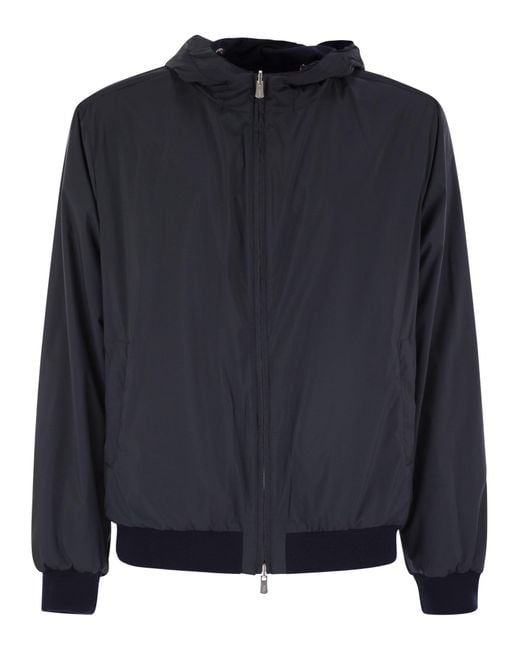 Fedeli Blue Reversible Bomber Jacket With Hood for men