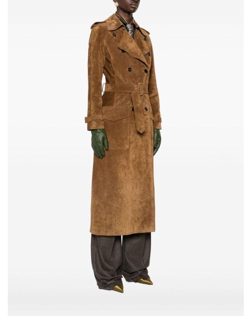 Saint Laurent Brown Long Double-Breasted Suede Trench Coat