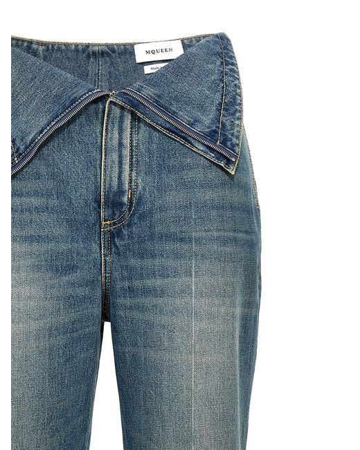 Alexander McQueen Blue High-Waisted Bootcut Denim Pants With Turn-Up Desi