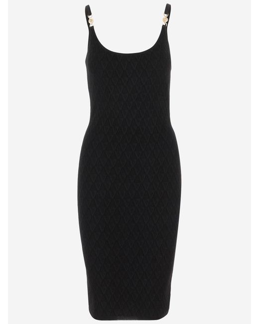 Versace Black Stretch V-Textured Knit Dress With Medusa Brooch Detail
