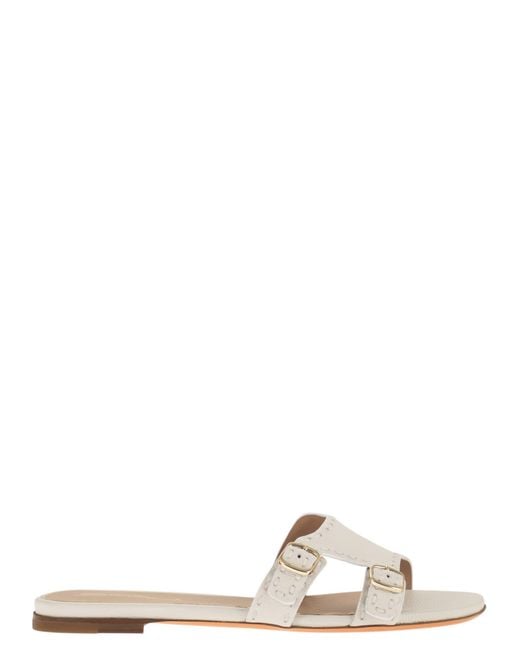 Santoni White Leather Flat Sandals With Double Buckle Straps