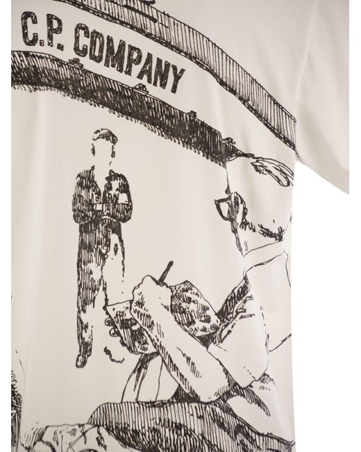 C P Company White Cotton T-Shirt With Print On The Back for men
