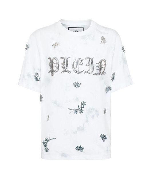 Philipp Plein White T-Shirt Round Neck Ss Flowers