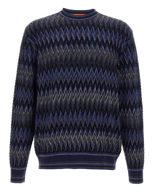 Missoni Blue Zigzag Pattern Wool Sweater With Crew Neck for men
