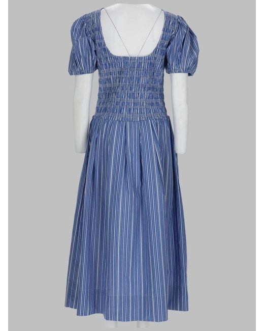 Ganni Blue Smocked Puff-Sleeve Midi Dress