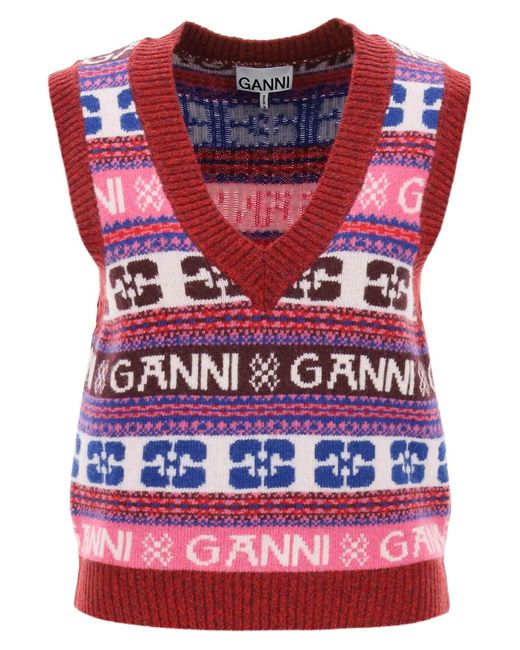 Ganni Multicolor Jacquard Wollweste mit Logo -Muster