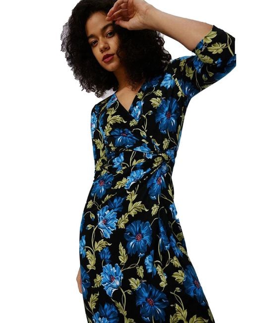 Diane von Furstenberg Blue Floral Wrap Midi Dress With Elegant V-Neckline