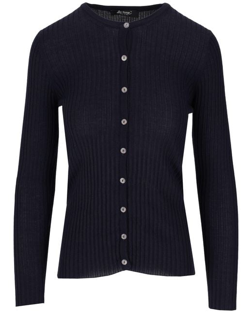 LA ROSE Blue Cash/Silk Ribs R Neck Cardigan