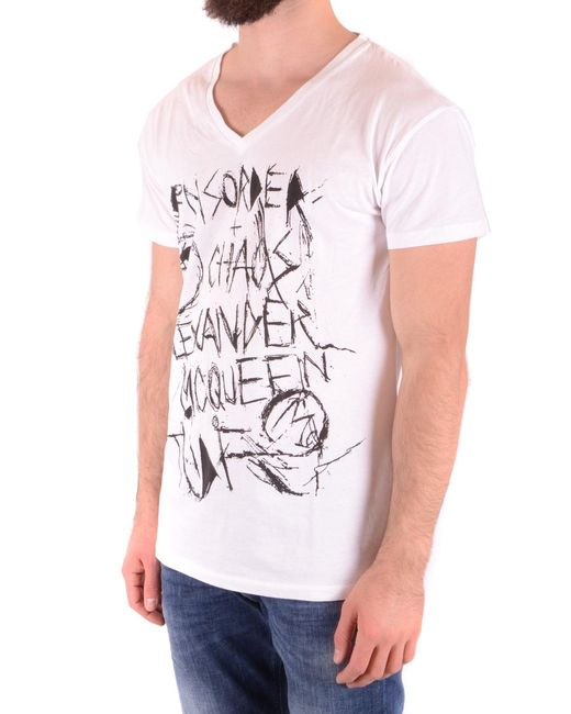 McQ Alexander McQueen White Printed V-Neck Short Sleeve Cotton T-Shirt for men
